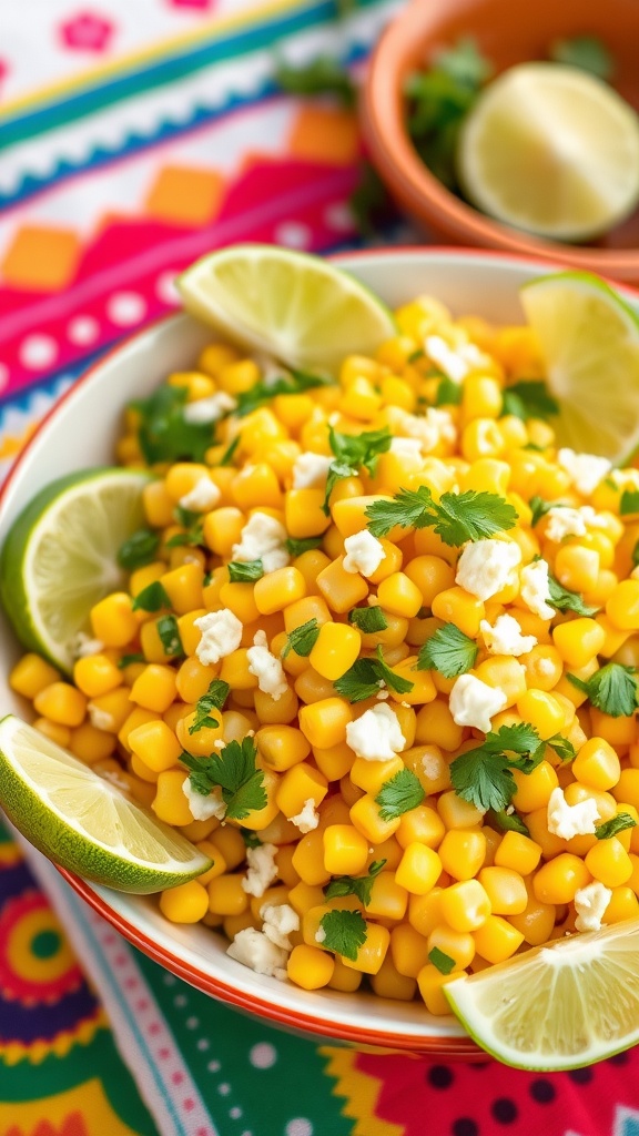 Zesty Mexican Street Corn Salad Recipe A colorful Mexican Street Corn Salad with corn, cilantro, and cheese in a bowl, decorated with lime wedges.
